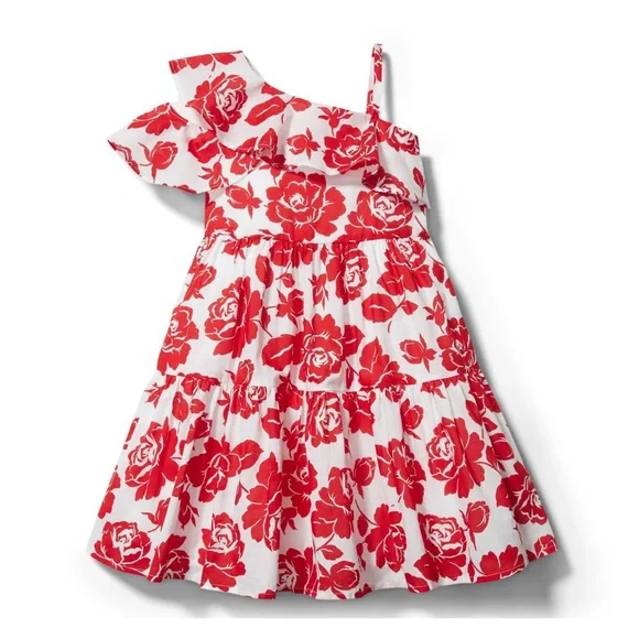 Janie and Jack Red and White FLORAL COLD SHOULDER DRESS 4T - Picture 1 of 4